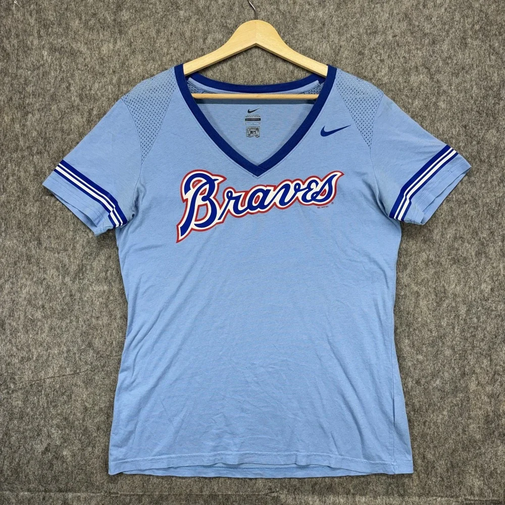 Nike Dri Fit Atlanta Braves V Neck T-Shirt Women's XL Powder Blue Short Sleeve